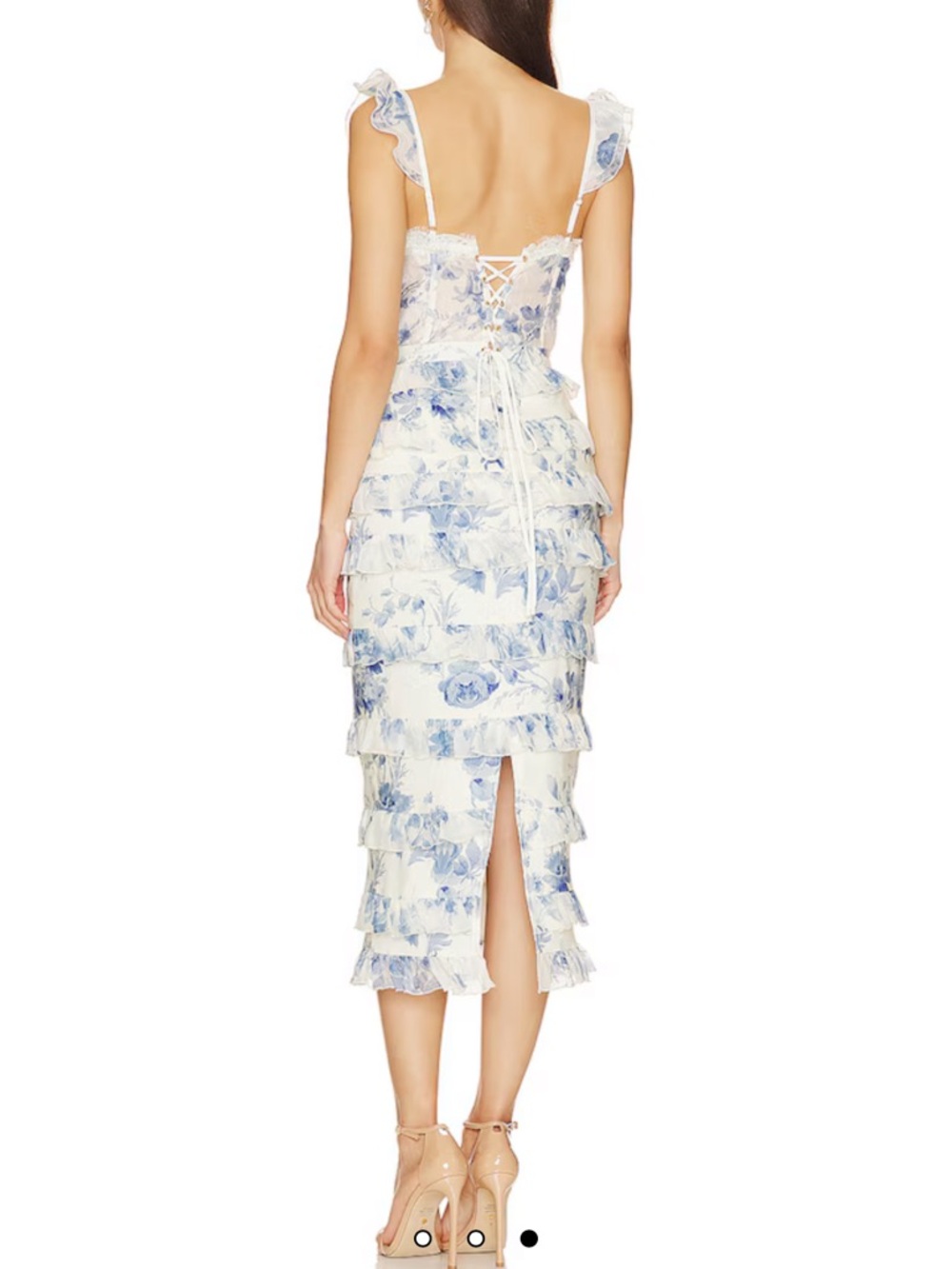 V. Chapman White and Provencal Blue Floral Ruffle Midi Dress - Picture 2 of 6